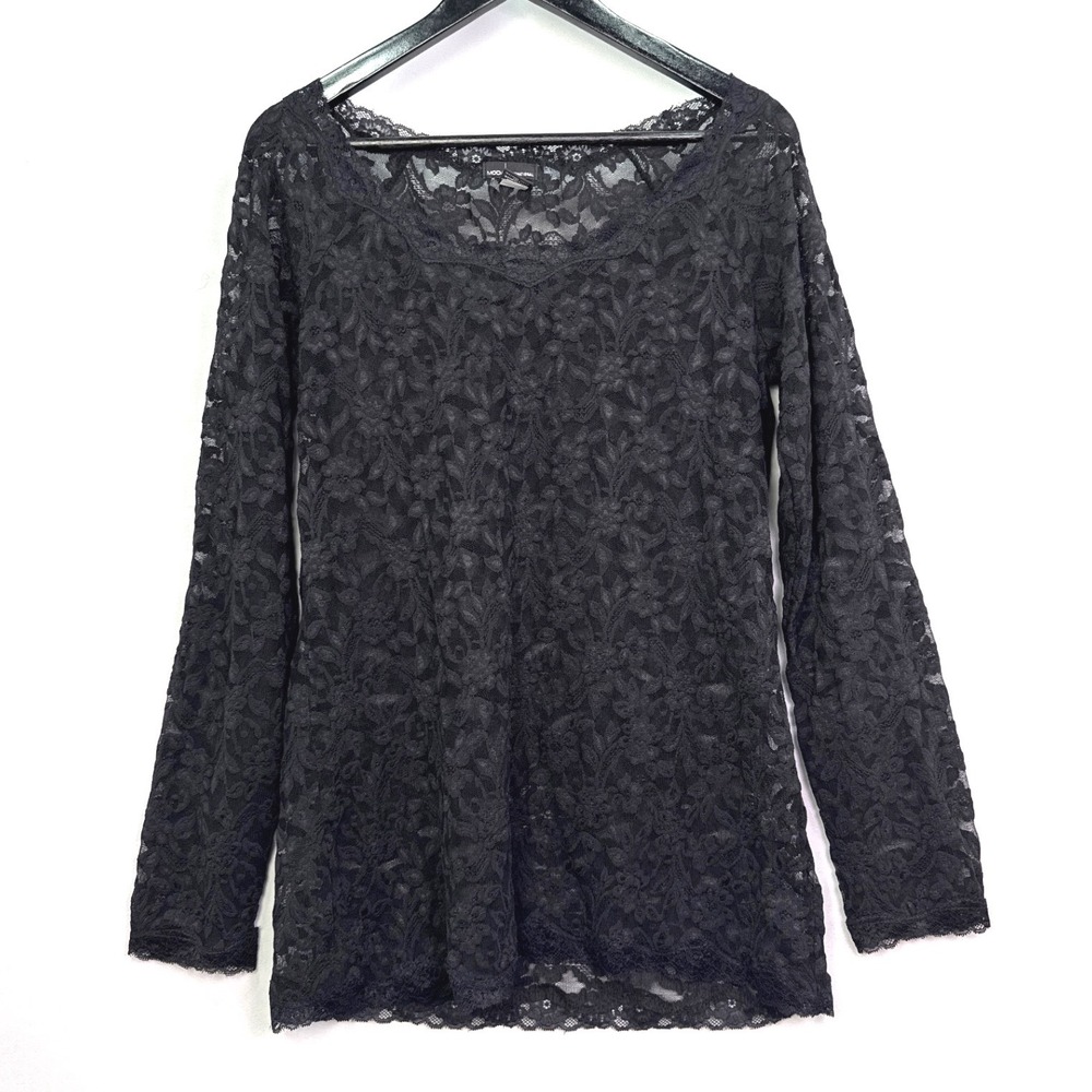 Moda International Black Floral Lace Sheer Long Sleeve Top XL V-Neck Scalloped
